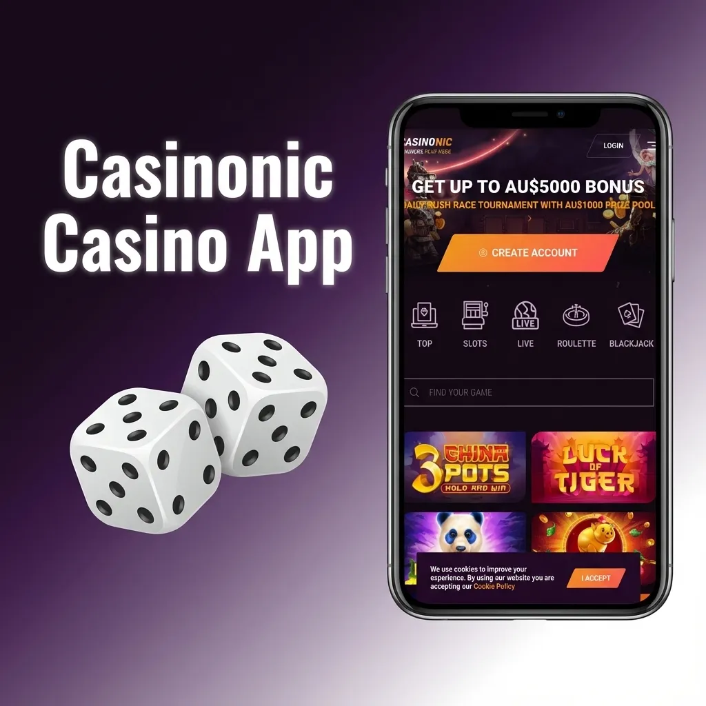 Mobile screen showing Casinonic app with pokies, table games, live dealers, sports betting tabs, and featured jackpots