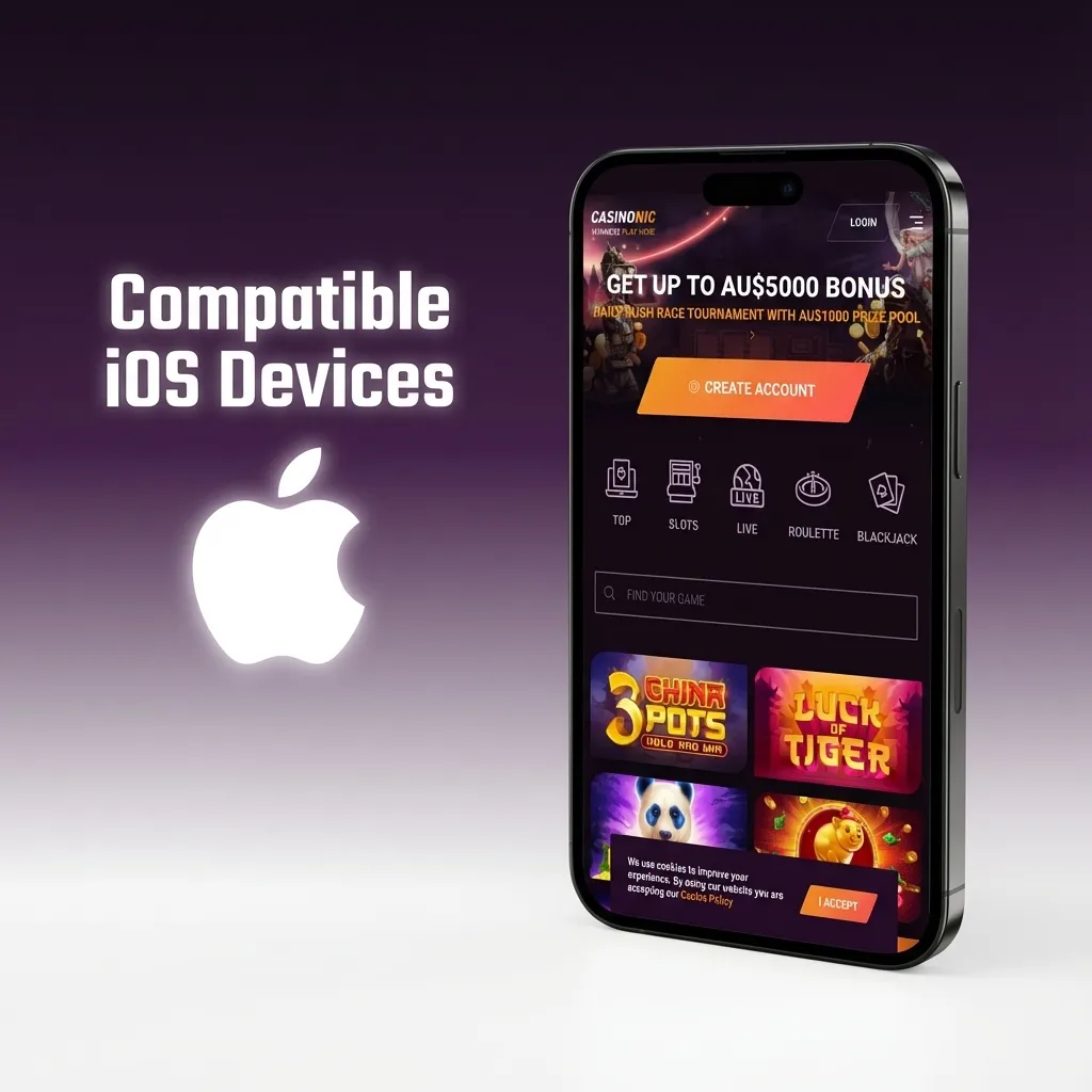 Graphic listing compatible iOS devices for the Casinonic app, including iPhone X–15 series and recent iPads running iOS 12+