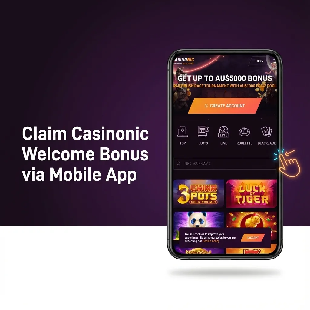 Smartphone screen showing Casinonic app claiming welcome bonus with AU$20+ deposit and signup steps on Android and iOS